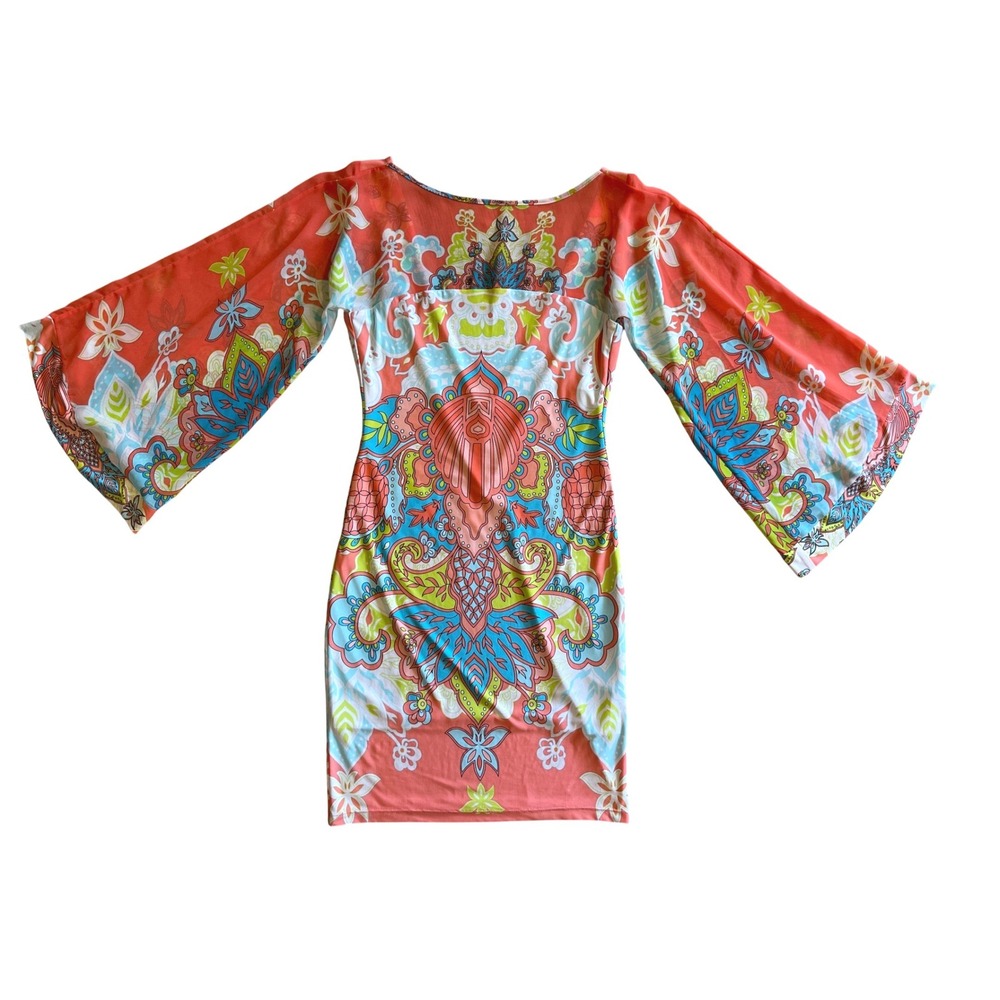 Analili Festival Retro Silk Blend Bell Sleeve Paisley Psychedelic Mini Dress Sm